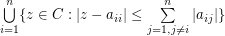 $ \bigcup\limits_{i=1}^n\{z\in C:|z-a_{ii}|\leq \sum\limits_{j=1,j\neq i}^n|a_{ij}|\} $