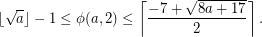 \[\lfloor \sqrt{a}\rfloor - 1 \leq \phi(a,2)\leq \left\lceil\frac{-7+\sqrt{8a+17}}{2}\right\rceil.\]